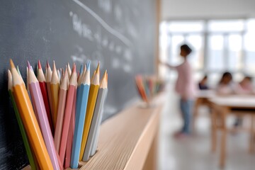 Colored pencils in classroom with children learning