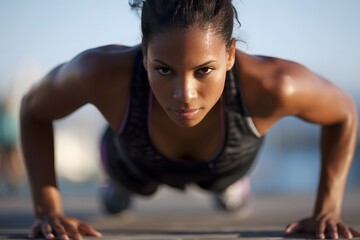 Woman exercising doing push-up outdoors with determination