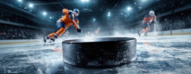 The puck on the ice during an intense hockey match.