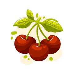 Juicy vector cherries with green leaves. Cartoon berries for garden, food design, summer harvest and healthy lifestyle.