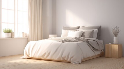 Serene and Cozy Modern Bedroom Design with Soft Bedding and Natural Light from Large Window