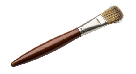 Closeup of a round paintbrush with a wooden handle isolated on transparent background, showcasing the tools bristles and craftsmanship in detail