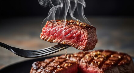 A mouthwatering closeup of a perfectly cooked steak on a fork, showcasing its juicy tenderness and inviting aroma with steam rising from the meat