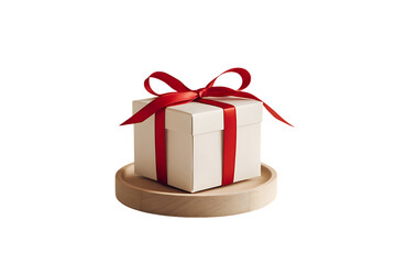 Obraz premium A Beautifully Presented Gift Box with a Red Ribbon, Sitting Elegantly on a Wooden Coaster, Perfect for Special Occasions. Isolated on transparent background, cutout 
