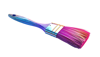 A vibrant paintbrush with a multicolored, iridescent handle and bristles, angled slightly to the right against a black background.  The brush is digitally rendered, 