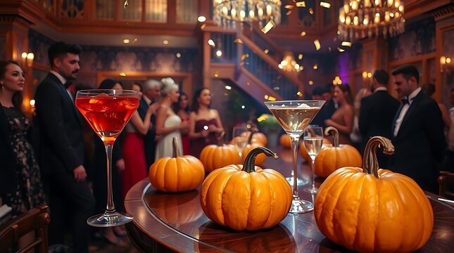 Cocktails and pumpkins on a table at a formal party with people and confetti in the background
