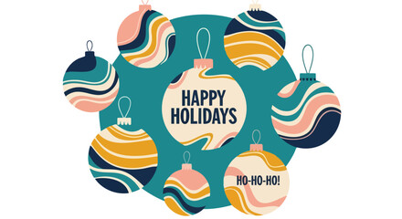 Happy Holidays greetings with retro Christmas ornaments, a vibrant and cheerful seasonal design for festive campaigns © Mugi