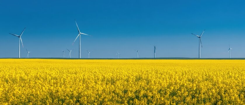 The Wind Turbines Over Vibrant Yellow Canola Field Under Clear Blue Sky