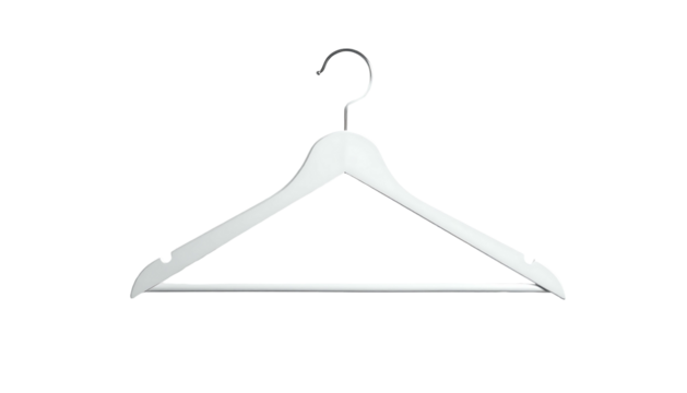 A simple, off-white wooden clothes hanger with a curved top, gently sloping shoulders, and a smooth, flat bar.  The hook is dark and metallic