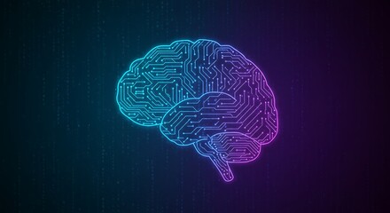 Brain Circuit Graphic with Binary Code Glowing Blue and Purple
