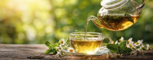 The teapot pouring fresh green tea into a glass cup surrounded by nature.