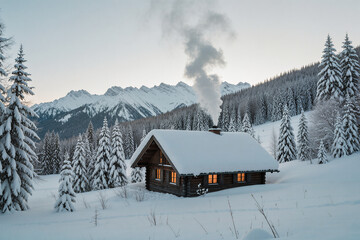 8K cinematic shot of cozy wooden cabin in snowy mountains with warm light glowing inside and smoke rising from chimney