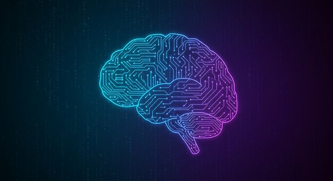 Brain Circuit Graphic with Binary Code Glowing Blue and Purple