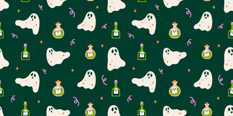 Cute Halloween vector seamless pattern. Fall wrapping paper design with ghosts, magic potion bottles illustrations