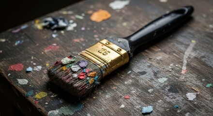 Artist paintbrush stained with vibrant colors rests on a textured wooden surface