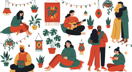 Cozy bohemian lifestyle with happy people enjoying music and plants in decorated spaces perfect for home decor and wellbeing campaigns