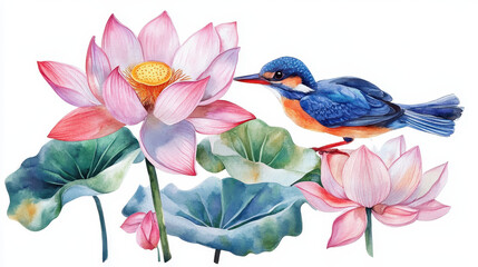 Serene Kingfisher among Lotus Blossoms: A vibrant kingfisher perches delicately amidst a cluster of enchanting lotus flowers, captured in a delicate watercolor style, evoking tranquility.