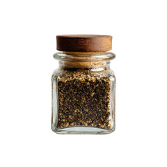 Small square glass spice jar with a wooden lid, filled with dark brown spice granules