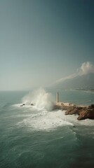 Lighthouse withstands ocean storm. Waves crash against the shore, a beacon of hope against the sea.