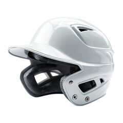 White baseball helmet, angled view, showing shell, chin strap, and vents