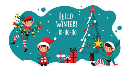 Adorable elves celebrating winter holidays with gifts and Christmas tree in a whimsical festive scene that brings joy and cheer to everyone