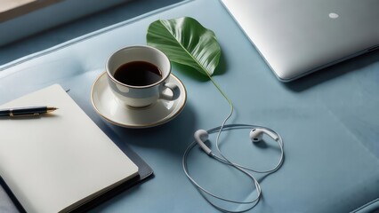 Modern workspace essentials a steaming coffee, open notebook, pen, earbuds, and sleek laptop create a productive yet serene atmosphere for focused work.