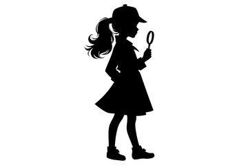 Young girl detective silhouette holding magnifying glass. Clipart image.
