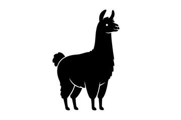 Fototapeta premium Black silhouette of standing llama on white background. Clipart image.