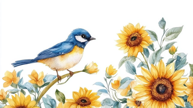 Sunny Serenade: A vibrant watercolour painting depicts a cheerful bird perched on a floral branch, harmonizing with sunny sunflowers in full bloom, celebrating the spirit of summer.
