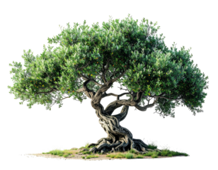Ancient olive tree, gnarled trunk, expansive crown, rich green foliage, isolated on black background