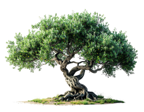 Ancient olive tree, gnarled trunk, expansive crown, rich green foliage, isolated on black background