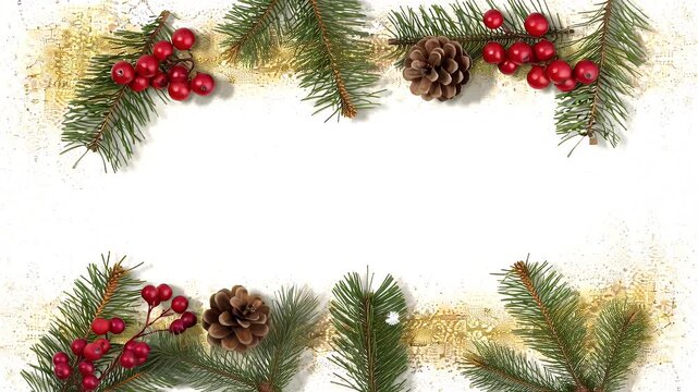 Festive border of pine branches and red berries framing a blank white space for holiday greetings