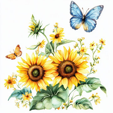 Golden Blooms and Fluttering Wings: A watercolor painting of vibrant sunflowers and delicate butterflies, capturing the beauty of a sunny summer day.
