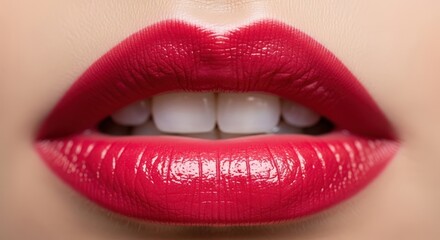 Obraz premium A captivating closeup of luscious red lips, showcasing perfect teeth and the vibrant color of lipstick, highlighting the beauty and allure of a confident smile