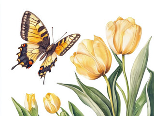 Butterflies and Tulips: A vivid watercolor painting showcases a majestic butterfly hovering near bright yellow tulips.  Embodying nature's delicate charm and vibrant springtime energy.