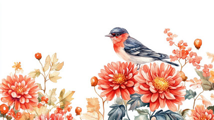Crimson Blossom Melody: A dainty bird perches gracefully amidst a vibrant tapestry of blooming flowers. The image captures the delicate dance between avian beauty and floral elegance.