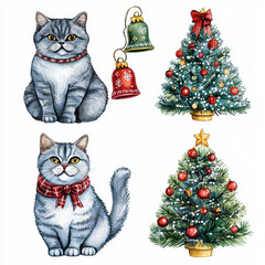 Festive Felines and Holiday Cheer: Enchanting illustrations of charming cats, adorned with festive accessories, playfully paired with beautifully decorated Christmas trees and jingle bells.