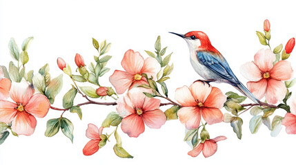 Bird and Floral Watercolor Illustration: A vibrant watercolor illustration portrays a colorful bird perched gracefully on a branch adorned with blooming flowers and fresh green leaves.