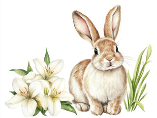 Watercolor Bunny with Lily Flowers: An adorable bunny rabbit with fluffy fur sits gracefully alongside vibrant white lily flowers and blades of grass, presenting a charming spring composition.