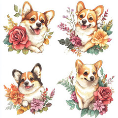 Corgi Portraits with Floral Decor: Charming watercolor-style portraits of adorable Corgis are surrounded by vibrant and colorful flowers, creating a cheerful and artistic composition.