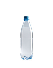 Clear plastic bottle, partially filled with water, light blue cap, studio shot on black background