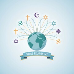 World Religion Day highlights global faiths with symbols radiating from Earth