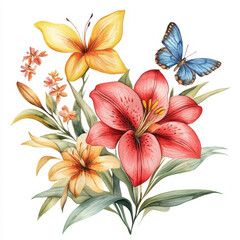 Floral Serenity: A vibrant watercolor showcases a breathtaking arrangement of lilies, butterflies, and blossoms, evoking a sense of spring's delicate beauty.