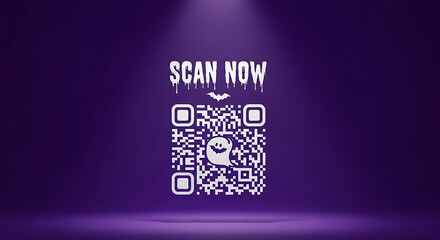 A halloween themed qr code with scan now text bat and ghost on a purple background with spotlights