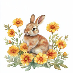 Easter Bunny amidst Blossoms: An adorable illustration of a brown bunny rabbit is delicately positioned amongst vibrant orange blossoms, evoking a sense of spring and charm. 