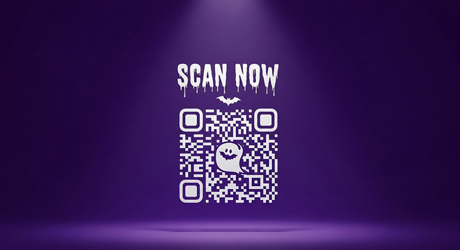 A halloween themed qr code with scan now text bat and ghost on a purple background with spotlights