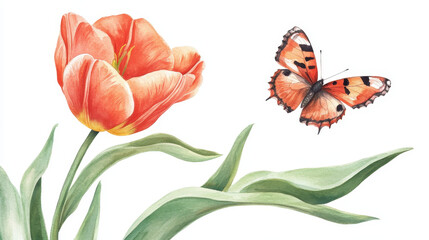 Blooming Beauty: A vibrant orange tulip and delicate butterfly in a soft artistic watercolor. Evoking the sweet moments of nature's embrace.