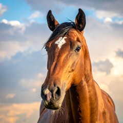 Close-up of a horse's head against a cloudy sky