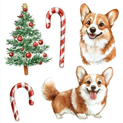 Festive Corgis: Cheerful corgis are captured in this vibrant holiday-themed artwork. These playful corgis are complemented by candy canes and a Christmas tree.