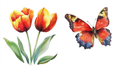 Watercolor Tulips and Butterfly: A vibrant illustration of two beautiful tulips and a colorful butterfly on a white background, highlighting the delicate beauty of nature's details.